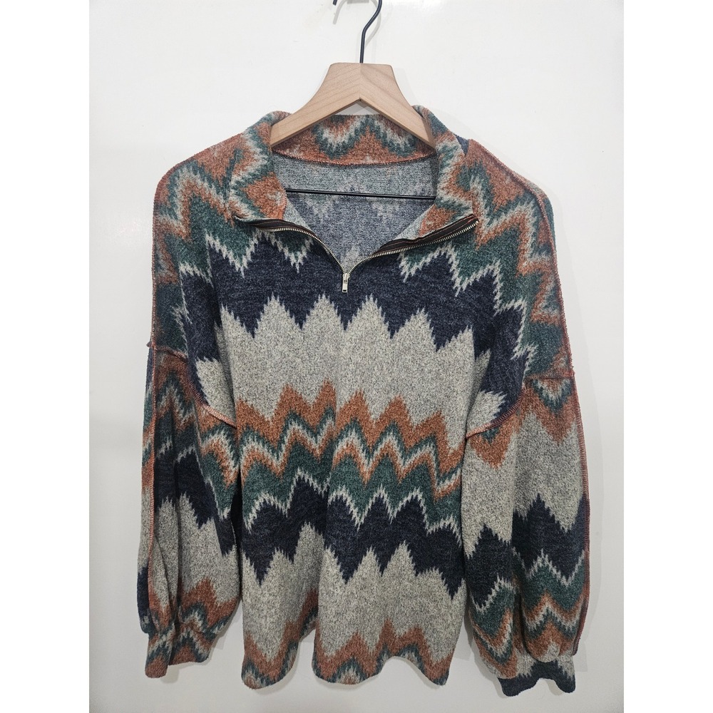 Womens Southwestern Chevron Quarter Zip Pullover Knit Sweater XL Multi Color